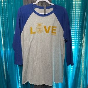 FarmHer FFA LOVE baseball tee.